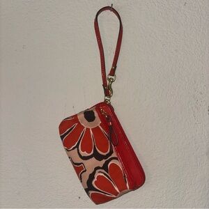 Coach poppy Floral canvas Wristlet wallet with Red patent Accents